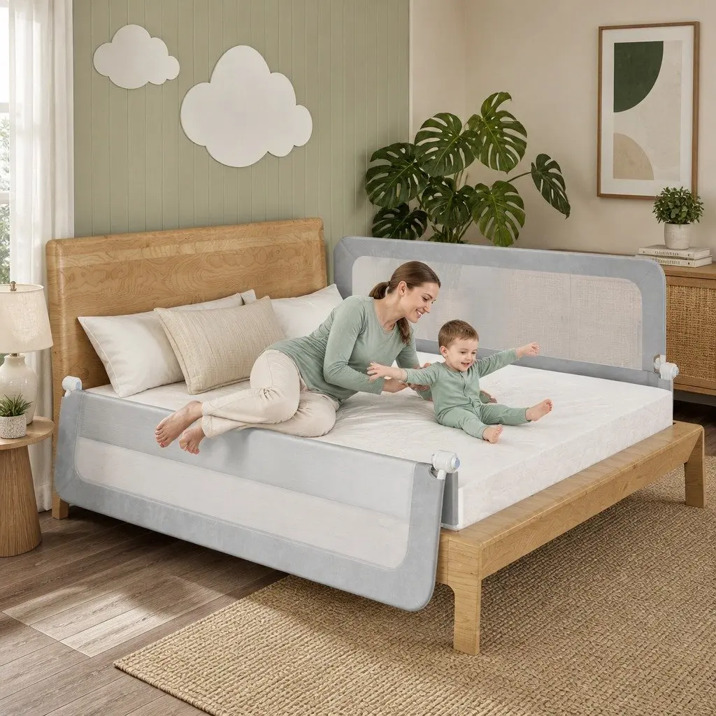 Adjustable Bed Rail Safety Guard Medium Folding Barrier Breathable Mesh Grey