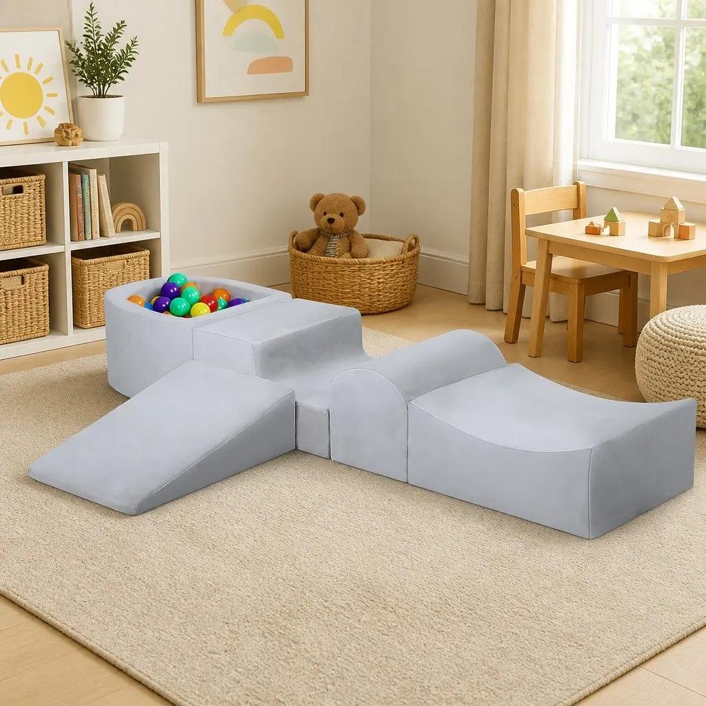 Foam Play Set Soft Indoor Playground Activity Blocks with Ball Pit for Kids Grey