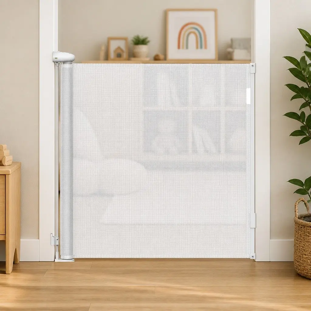 Retractable Safety Gate Wide Mesh Barrier 150cm White for Stairs Doorways Indoor