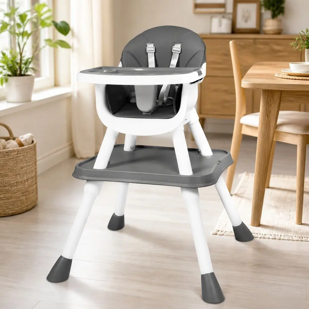 Baby High Chair 8-In-1 Convertible Feeding Seat Grey PVC Cushion and Steel Frame
