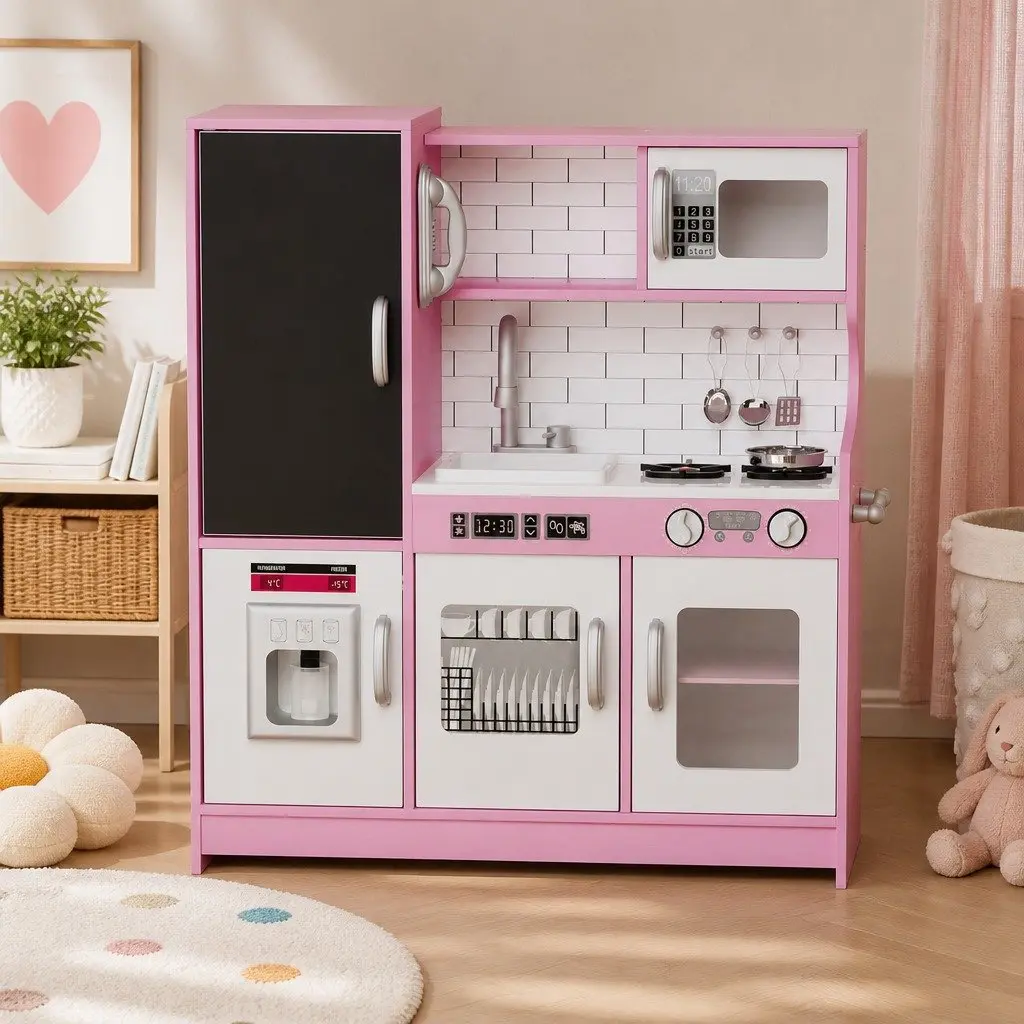 Wooden Kids Kitchen Set Interactive Pretend Play Cooking Toy with Microwave Oven Sink Stove Pink