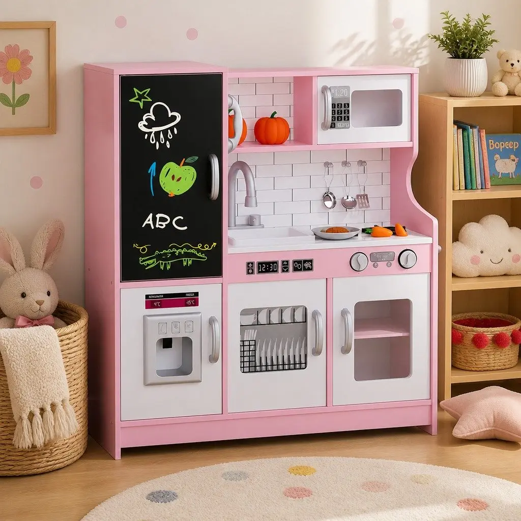 Wooden Kids Kitchen Set Interactive Pretend Play Cooking Toy with Microwave Oven Sink Stove Pink