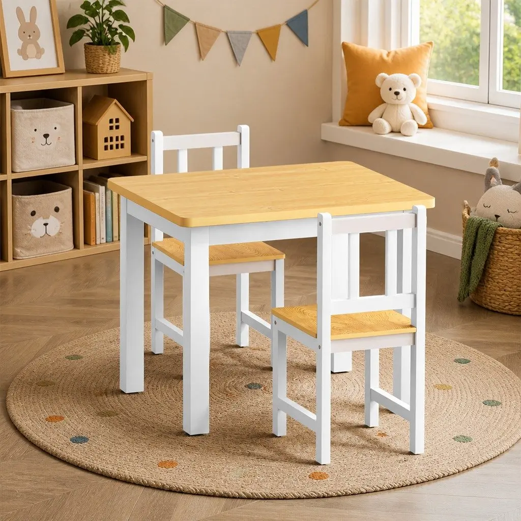Kids Table and Chairs Set Wooden 3PCS Study Activity Play Craft Art Station White