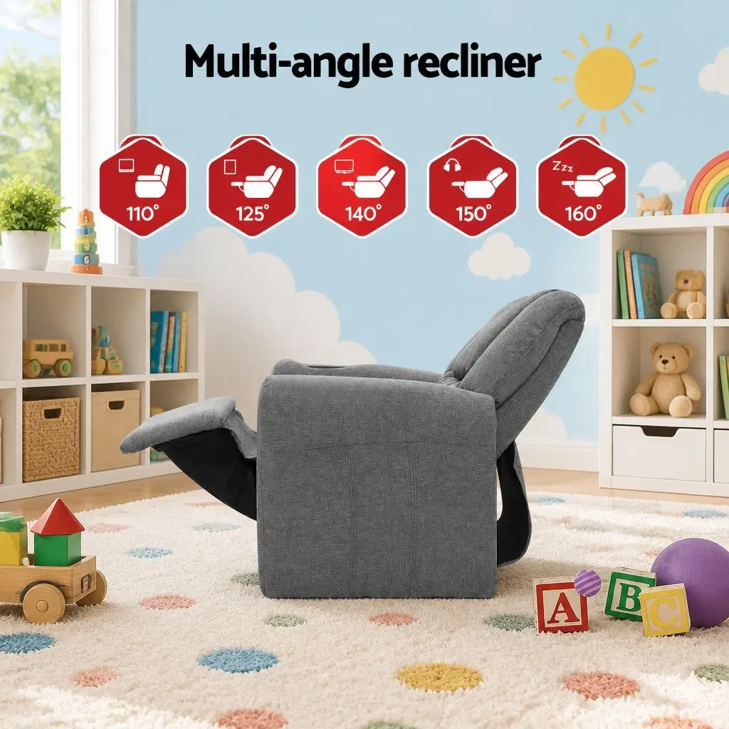 Kids Recliner Chair Grey Linen Armchair with Cup Holder 65 x 42 x 61cm