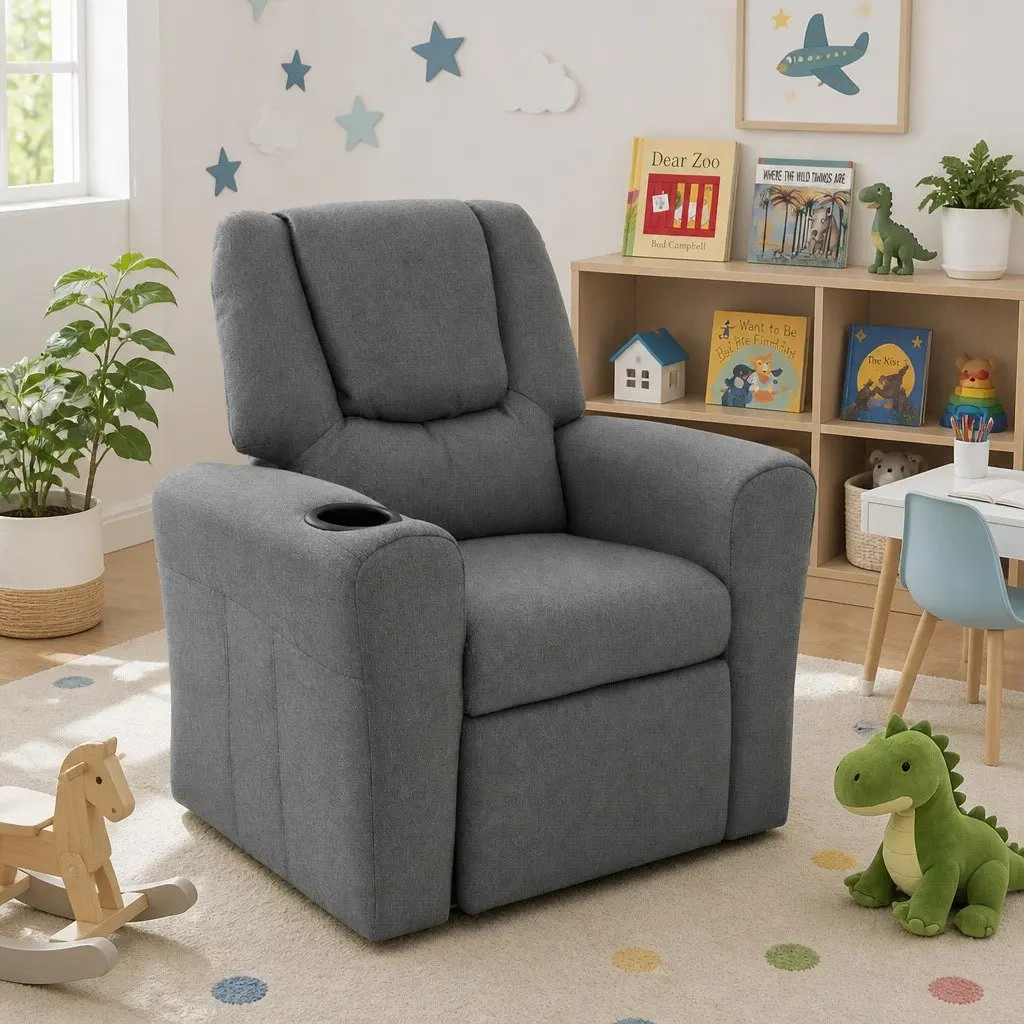 Kids Recliner Chair Grey Linen Armchair with Cup Holder 65 x 42 x 61cm