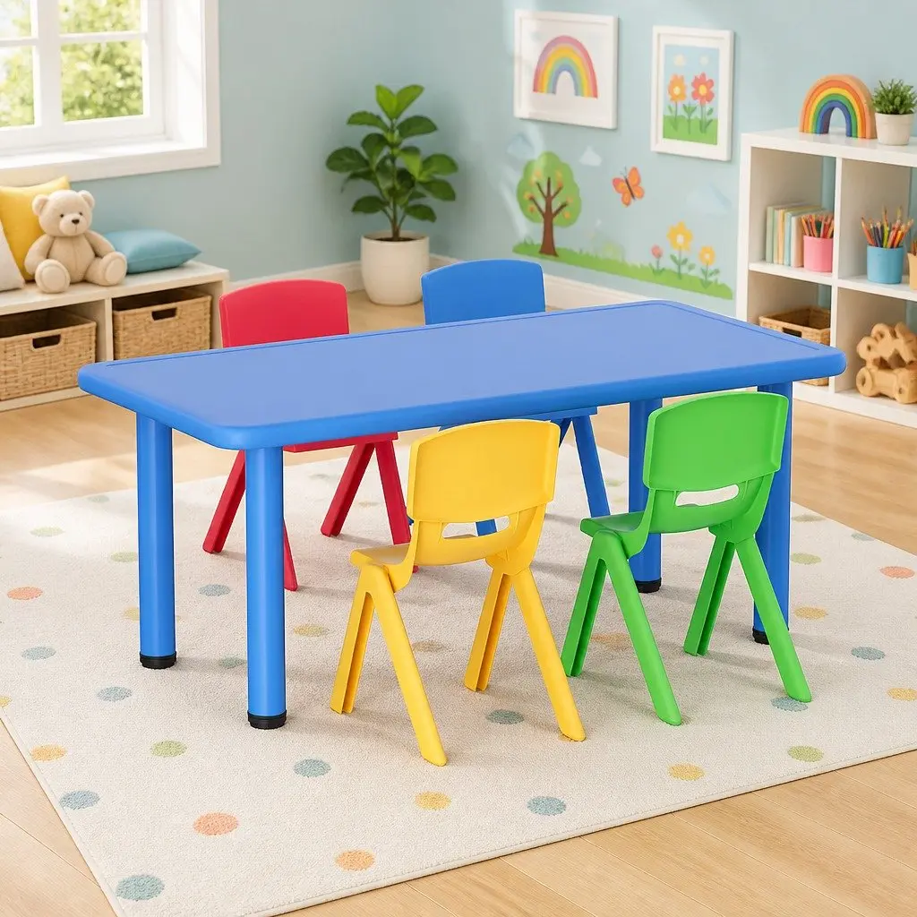 Kids Activity Table and Chairs Set 5 Piece Adjustable Height Blue HDPE Plastic and Steel Frame