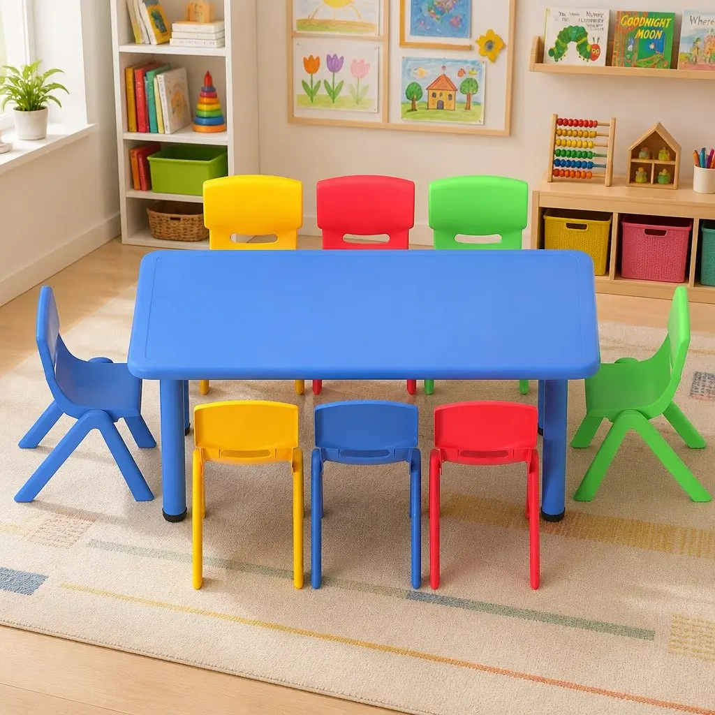 Kids Activity Table and Chairs Set 9 Piece Stackable Seating HDPE Plastic Powder-Coated Steel Indoor Outdoor Use