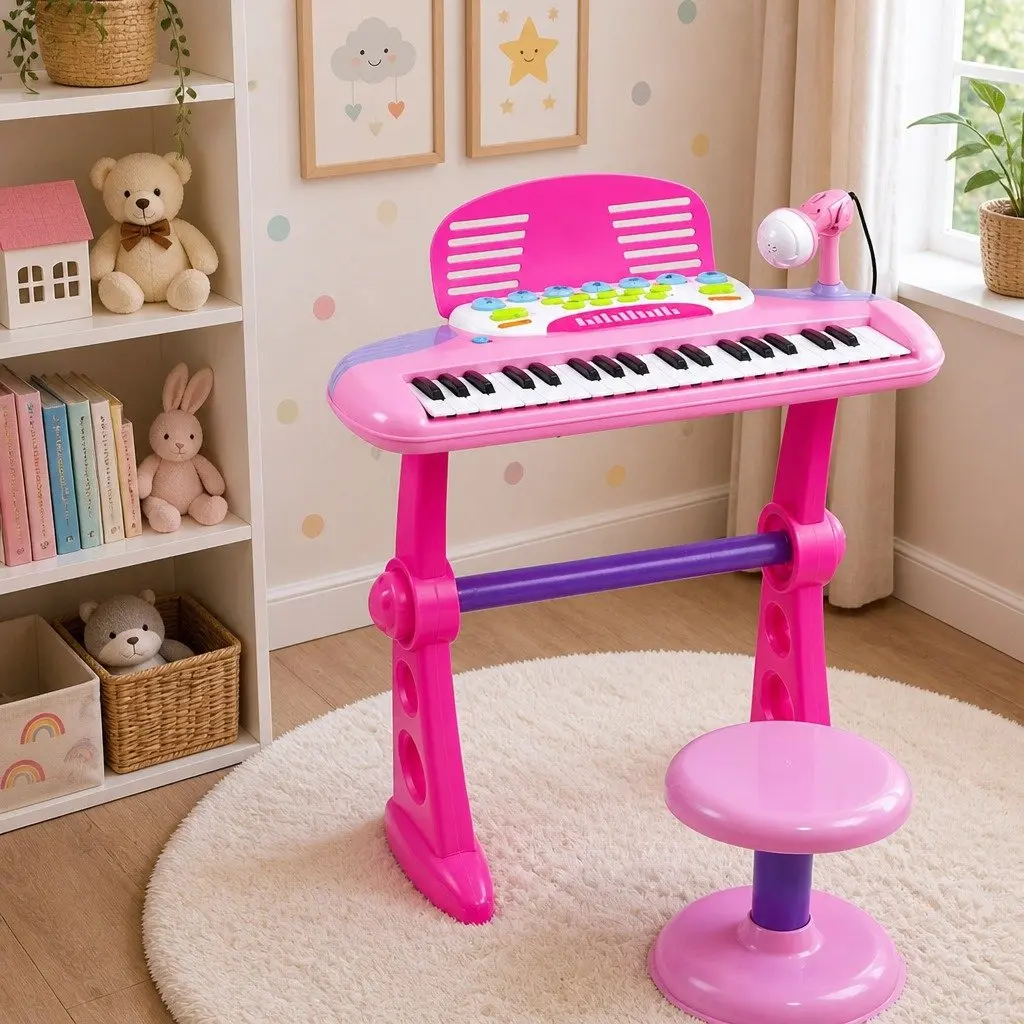 Kids Piano Keyboard 37 Keys Electronic Musical Instrument Set with Stool Pink
