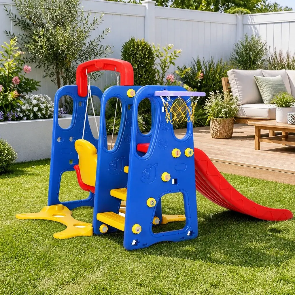Kids 3-in-1 Slide Swing Set Basketball Hoop Outdoor Play Equipment