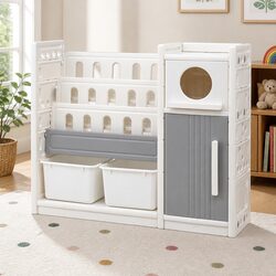 Kids Bookshelf Toy Storage Organizer 3-Tier Shelves Removable Bins Cabinet Doors