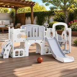 Kids 4-in-1 Swing Slide Set Basketball Hoop Ring Outdoor Play Equipment 132cm