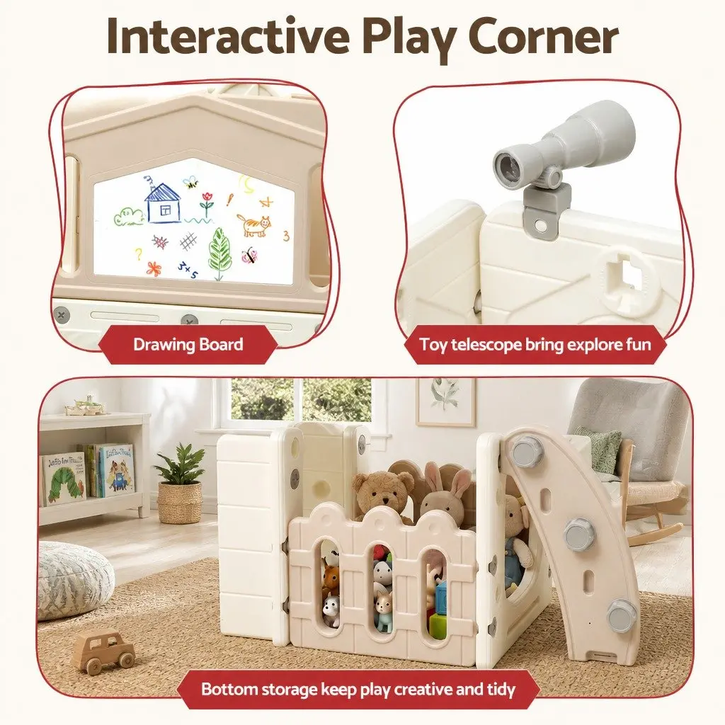 Kids Slide Set Toddler Indoor Playset Drawing Board Basketball Hoop Playhouse