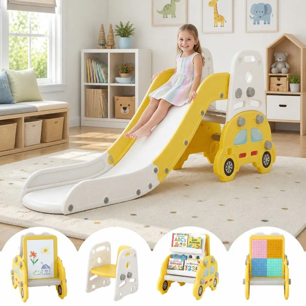 Indoor Playset 5-in-1 Multifunctional Toddler Slide Drawing Board Chair Building Block Table Yellow White