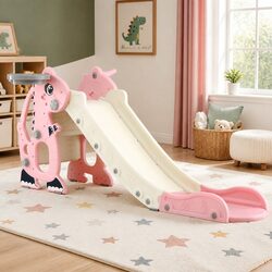 Kids Slide Set with Basketball Hoop Outdoor Playground Dragon Design 125cm Pink