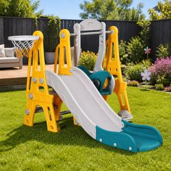 Kids Slide Swing Set Basketball Hoop Outdoor Play Equipment Adjustable 140cm
