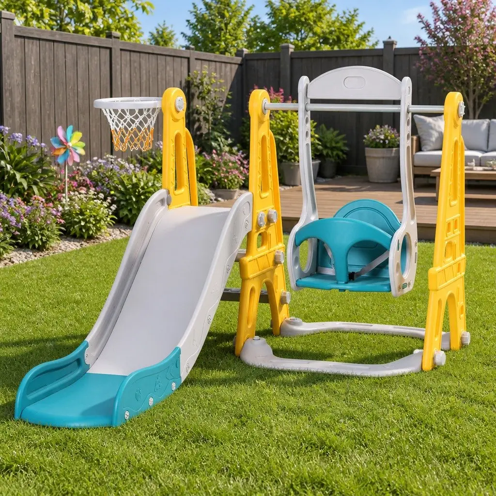 Kids Slide Swing Set 3-in-1 Outdoor Play Equipment Adjustable 140cm Yellow