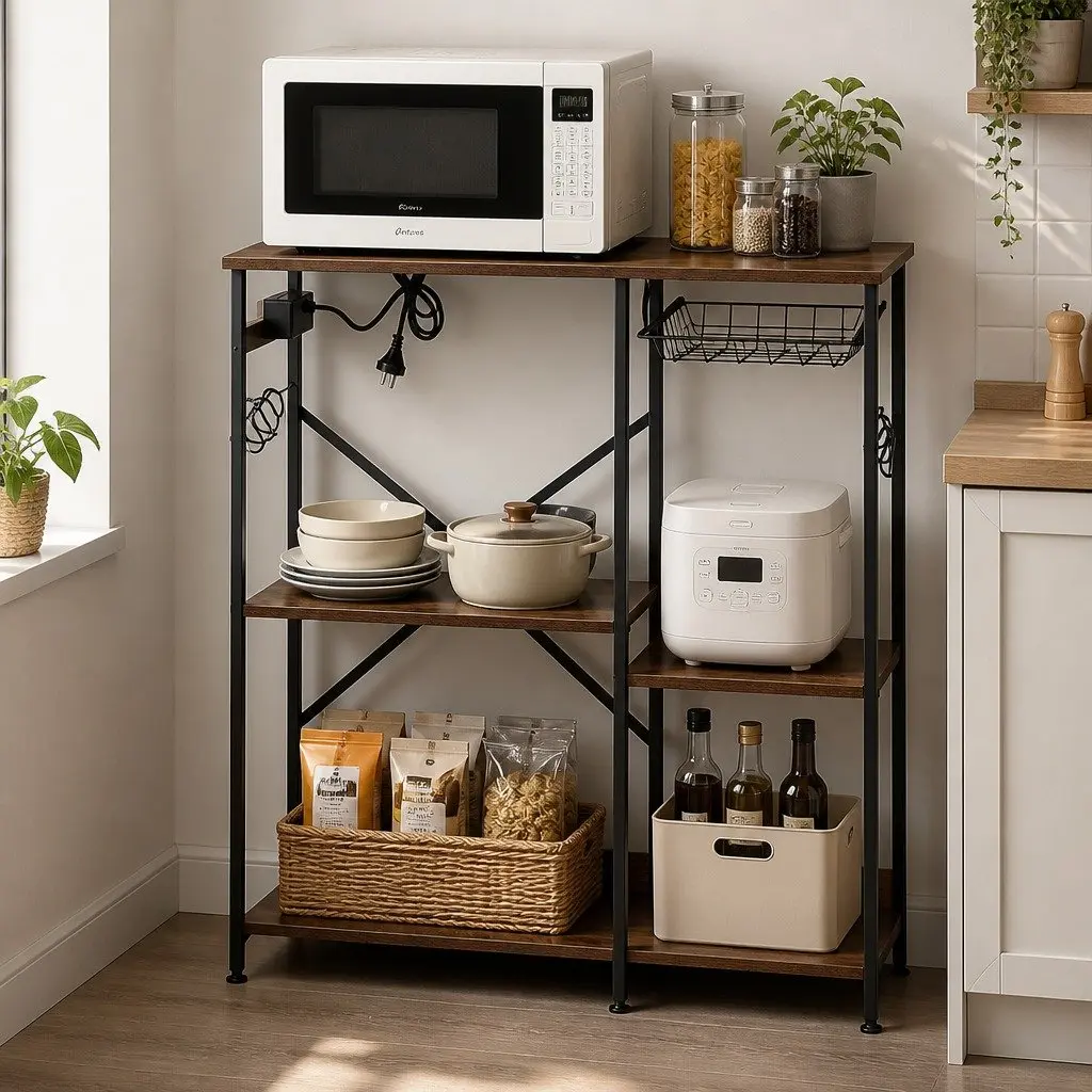 3-Tier Kitchen Storage Rack with Power Outlets and Hooks 90CM Brown Metal Frame