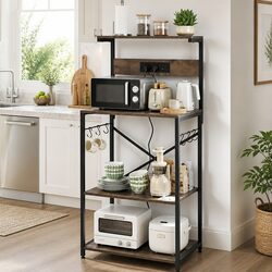4-Tier Kitchen Storage Rack with 2 Power Outlets 6 Hooks Microwave Shelf Brown