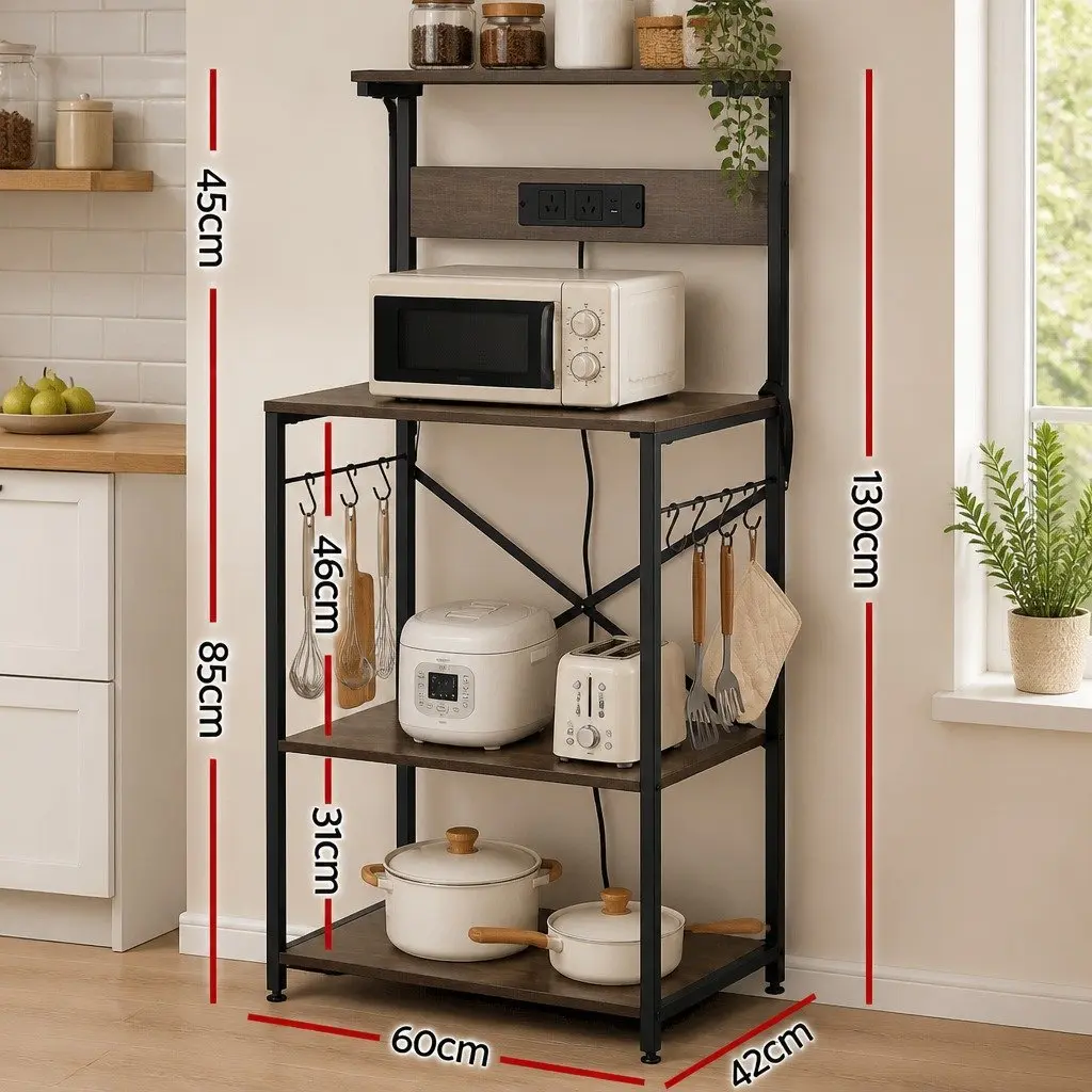 4-Tier Kitchen Storage Rack with Power Outlets and Hooks Brown
