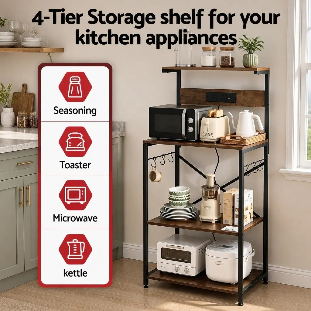 4-Tier Kitchen Storage Rack with Power Outlets and Hooks Brown