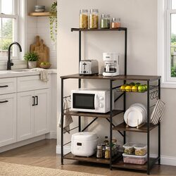 4-Tier Kitchen Storage Rack with Pull Out Basket 6 Hooks Microwave Shelf Brown