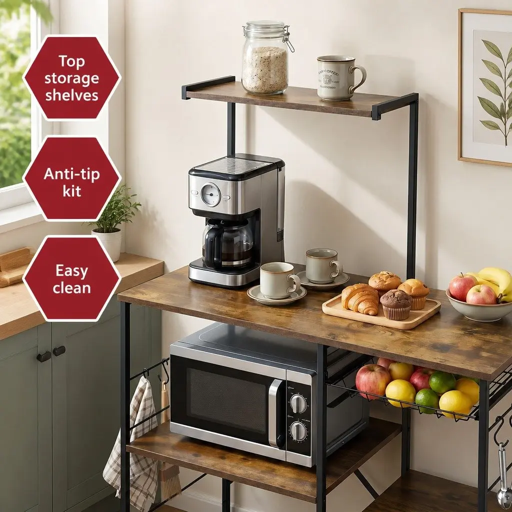 4-Tier Kitchen Storage Rack with Pull Out Basket and 6 Hooks Brown