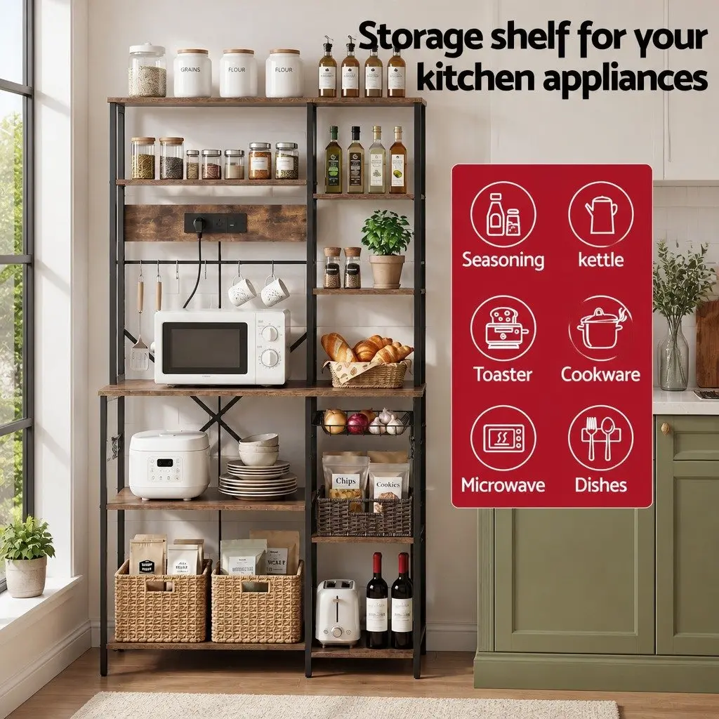 Kitchen Storage Rack with Power Outlets and Hooks 96CM x 170CM Metal Frame Brown Microwave Shelf Unit