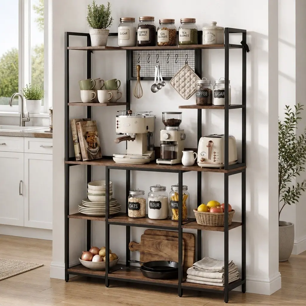 Kitchen Utility Rack Storage Shelf with 6 Hooks Brown Metal Tier Shelving Unit