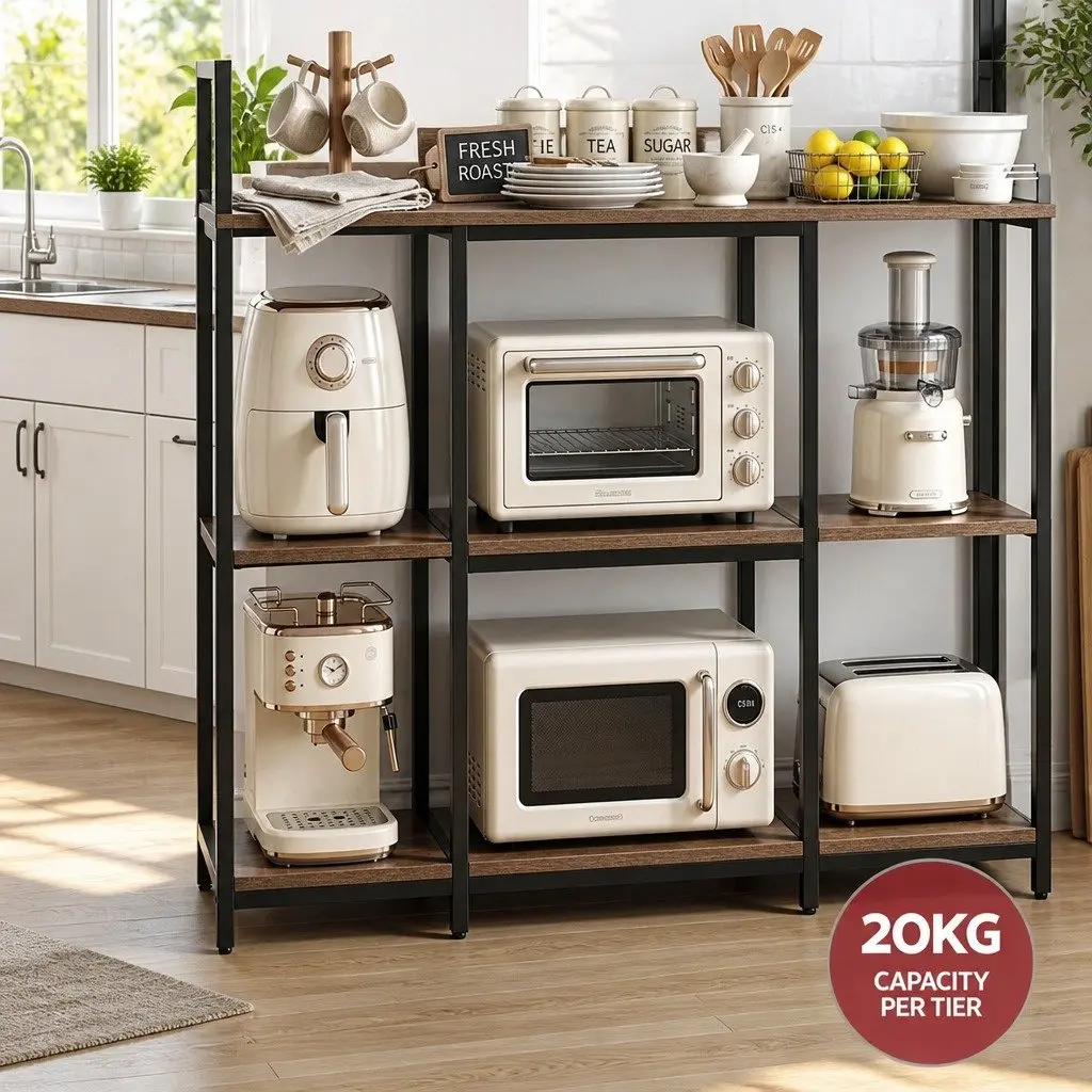 Kitchen Utility Rack Storage Shelf with 6 Hooks Brown Metal Tier Shelving Unit
