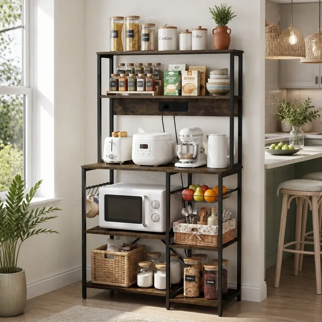 5-Tier Kitchen Storage Rack with Power Outlets Microwave Shelf Unit Brown