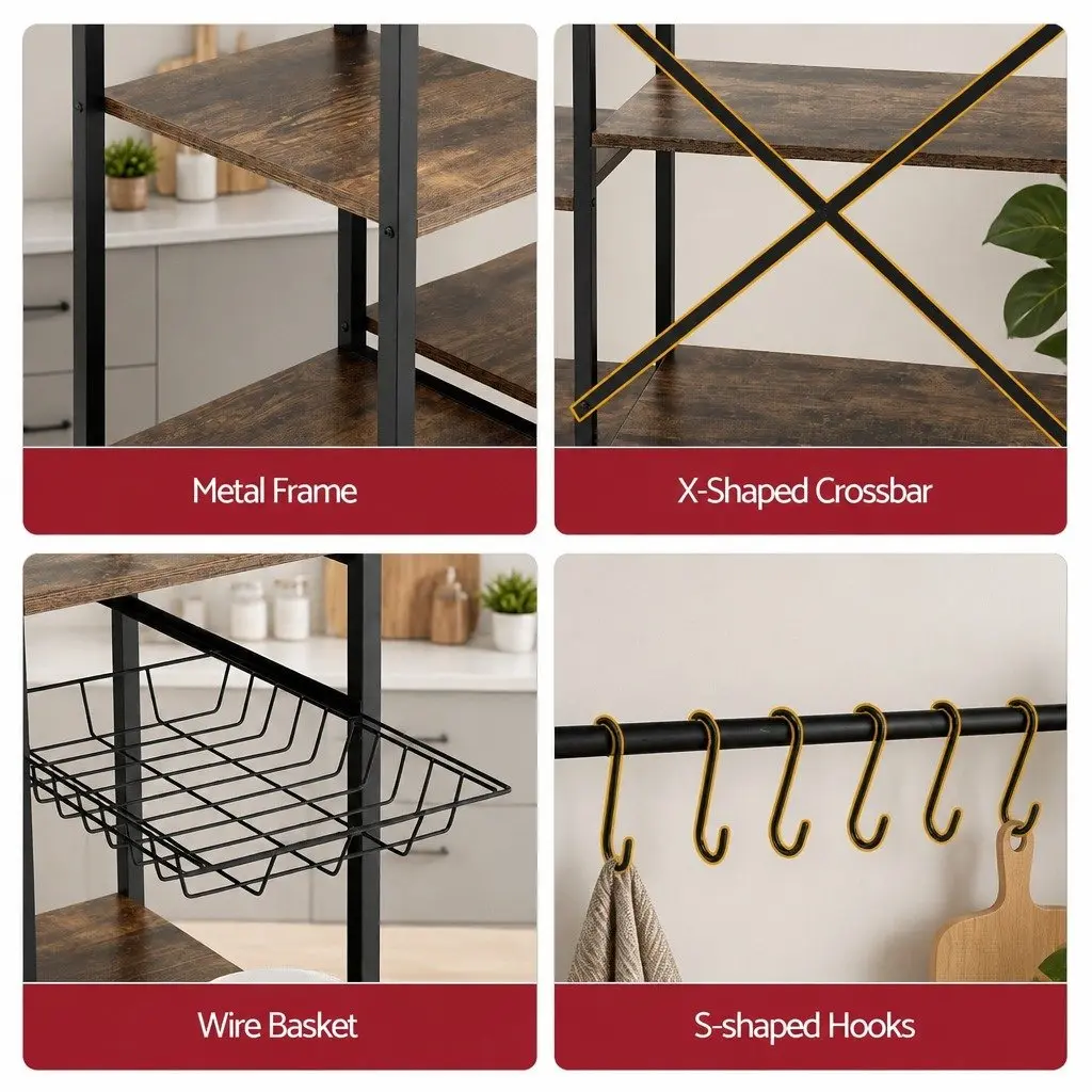 5-Tier Kitchen Storage Rack with Power Outlets Microwave Shelf Unit Brown