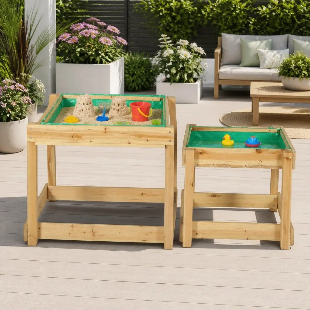 Kids Outdoor Play Set 2-in-1 Sandpit Water Table Natural Wood 101cm