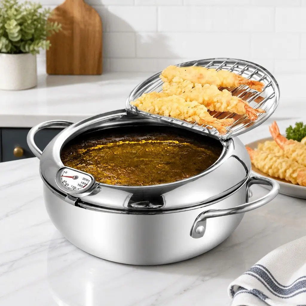 Deep Frying Pan Stainless Steel 24cm with Thermometer and Draining Rack