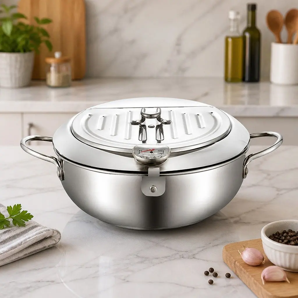 Deep Frying Pan Stainless Steel 24cm with Thermometer and Draining Rack