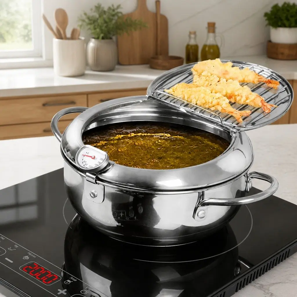 Deep Frying Pan Stainless Steel 24cm with Thermometer and Draining Rack