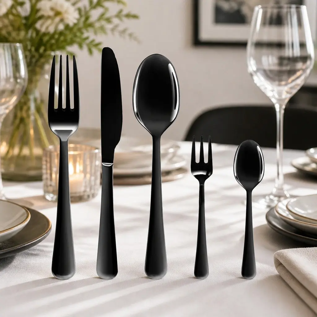 30 Piece Stainless Steel Cutlery Set Food Grade Black Mirror Polish Dining Flatware