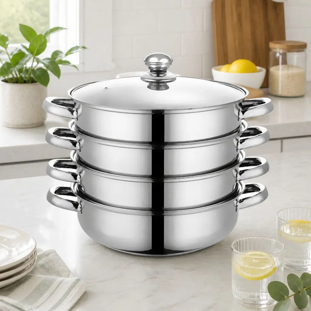 4 Layer Stainless Steel Steamer Pot Glass Lid Silver Cooking Kitchen