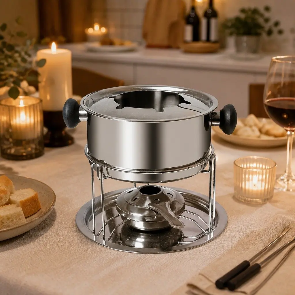 Fondue Set 12 Piece Stainless Steel Pot Burner Forks Silver