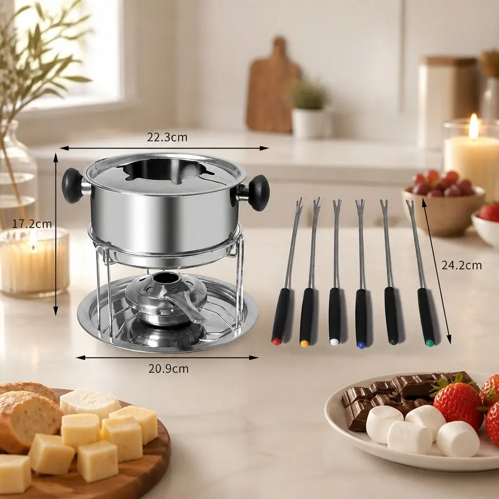 Fondue Set 12 Piece Stainless Steel Pot Burner Forks Silver