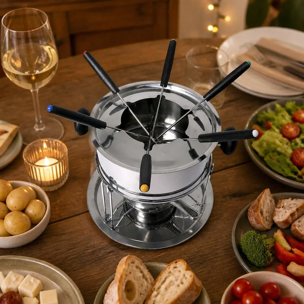 Fondue Set 12 Piece Stainless Steel Pot Burner Forks Silver