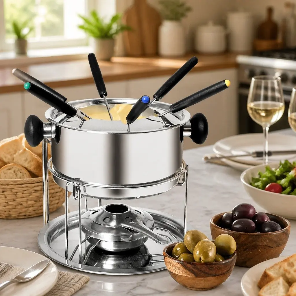 Fondue Set 12 Piece Stainless Steel Pot Burner Forks Silver