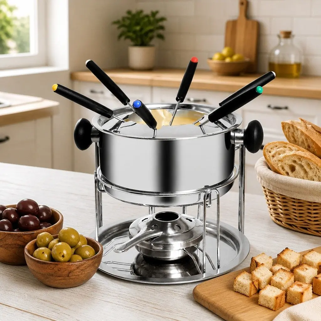 Fondue Set 12 Piece Stainless Steel Pot Burner Forks Silver