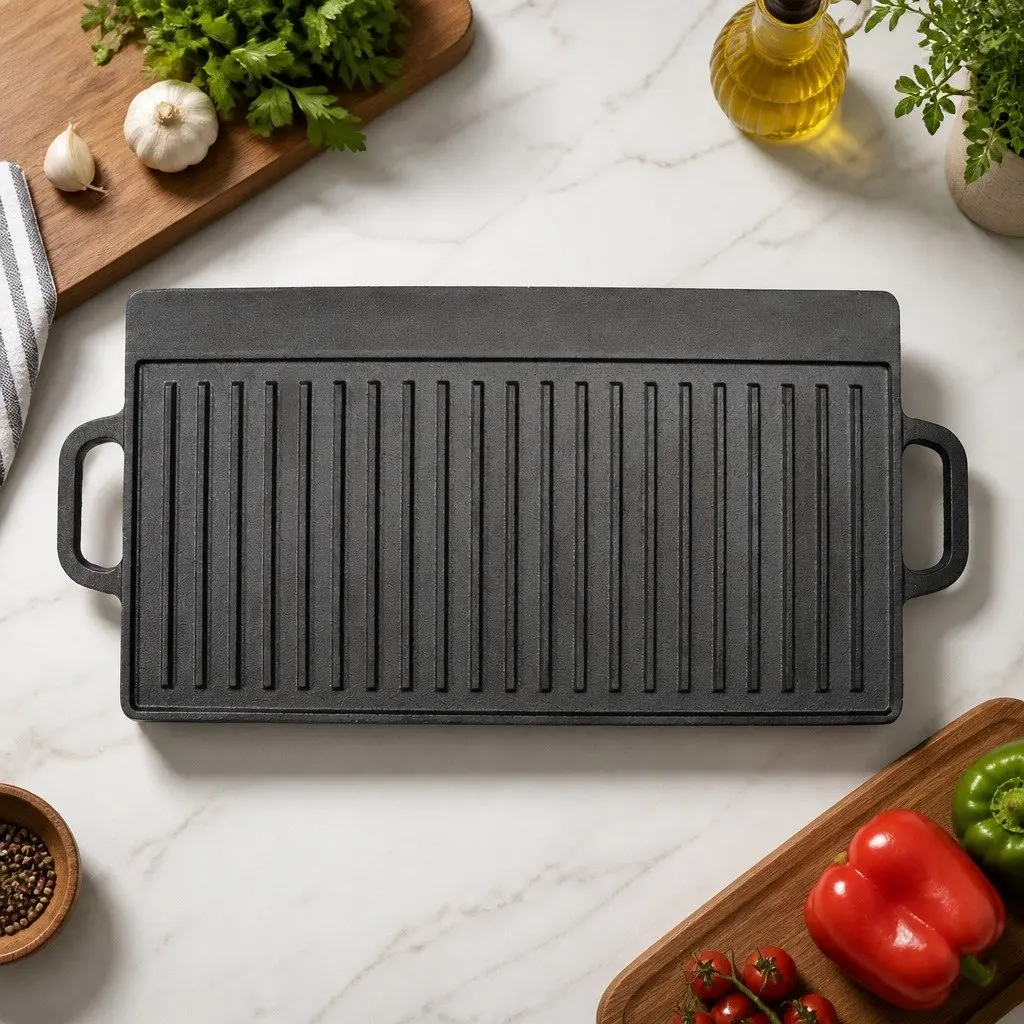 Cast Iron Reversible Griddle Pan Heavy-Duty 49.5cm Black Grill Skillet Cooktop Cookware
