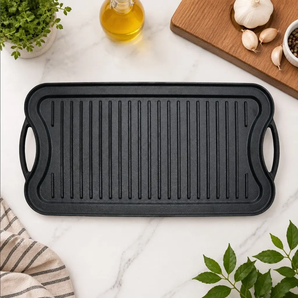 Cast Iron Griddle Pan Reversible Dual-Sided Non-Stick 50.5cm Black