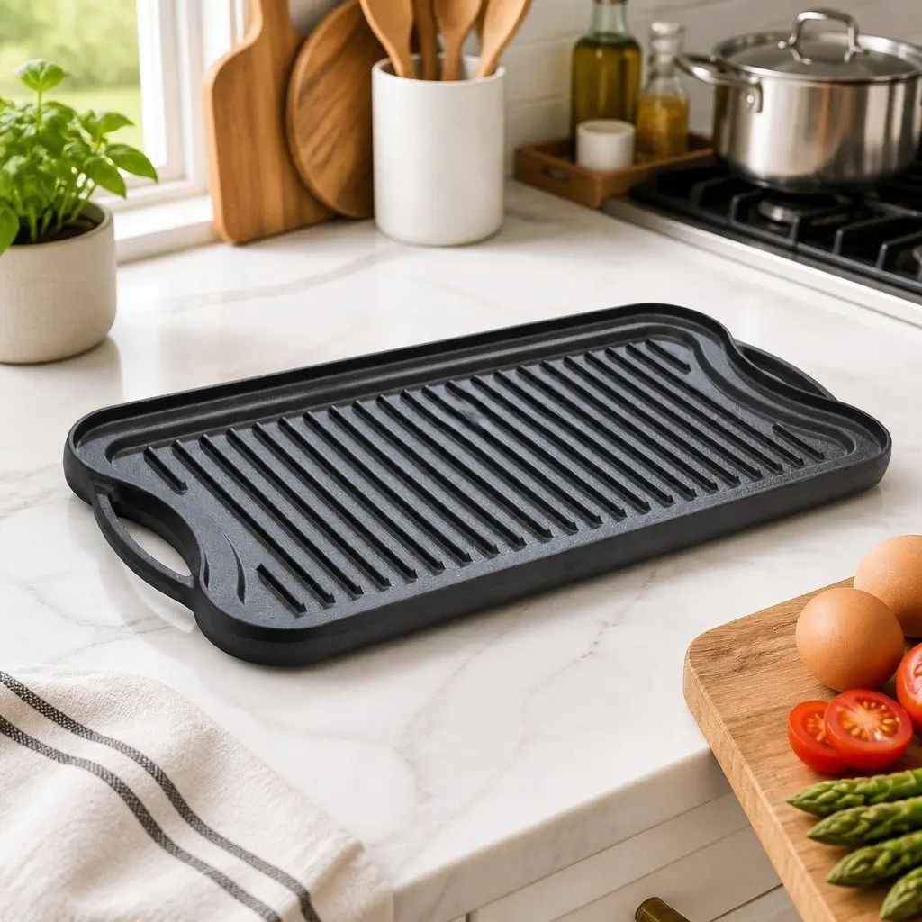 Cast Iron Griddle Pan Reversible Dual-Sided Non-Stick 50.5cm Black