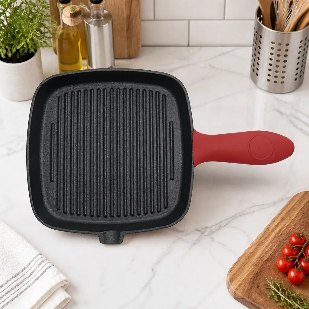 Cast Iron Square Grill Pan Heavy Duty Pre-seasoned 23.5cm Black
