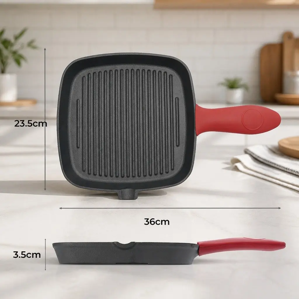 Cast Iron Square Grill Pan Heavy Duty Pre-seasoned 23.5cm Black