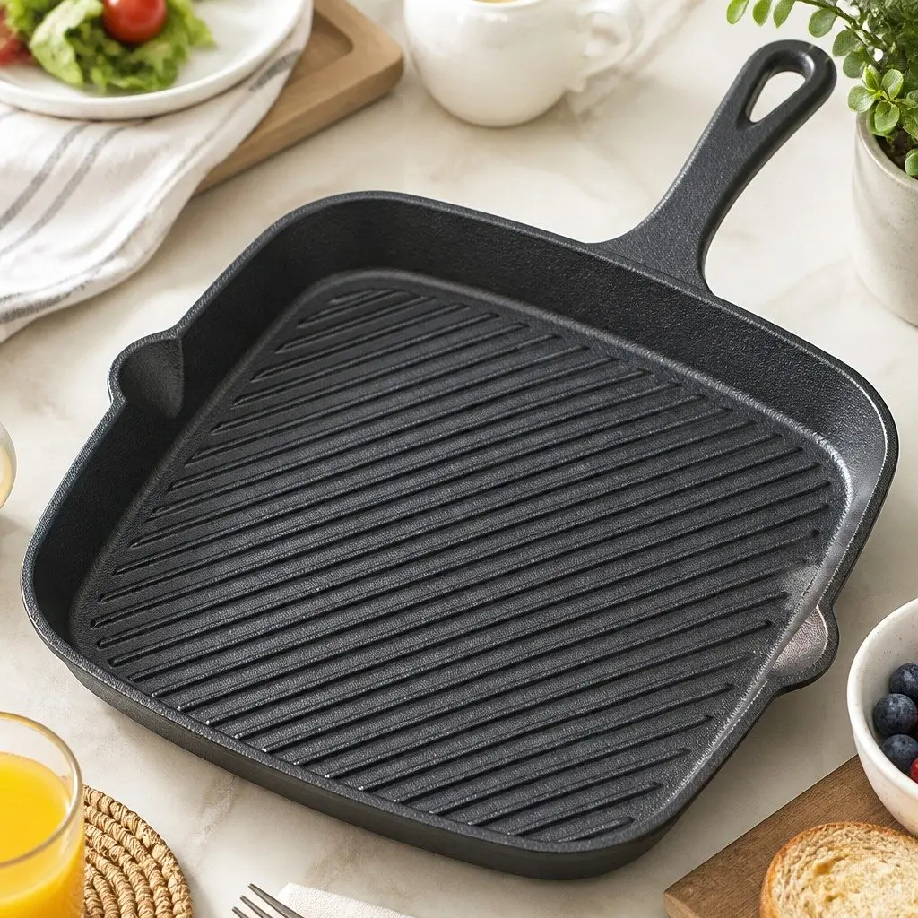 Cast Iron Square Grill Pan Heavy Duty Pre-seasoned 23.5cm Black