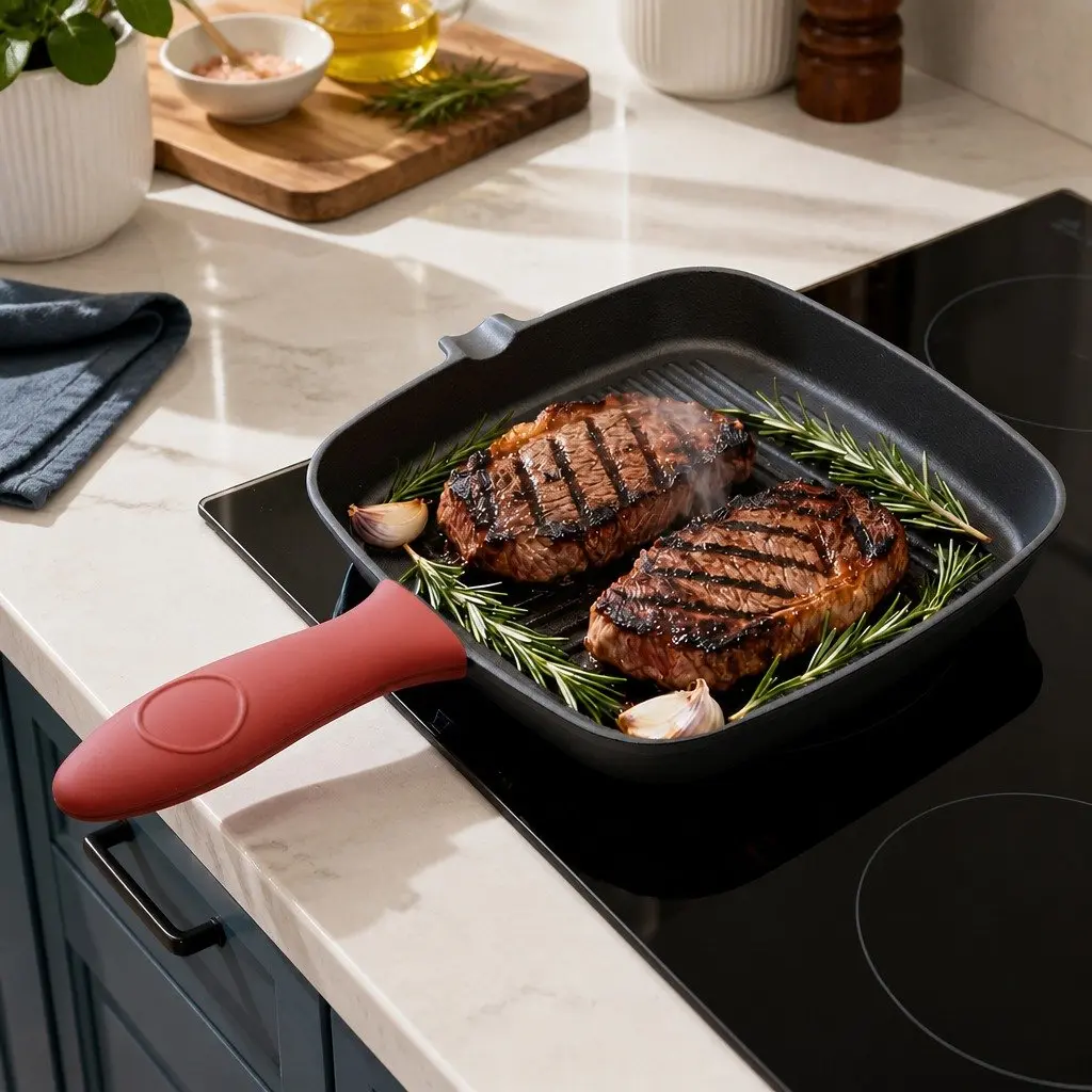 Cast Iron Square Grill Pan Heavy Duty Pre-seasoned 23.5cm Black