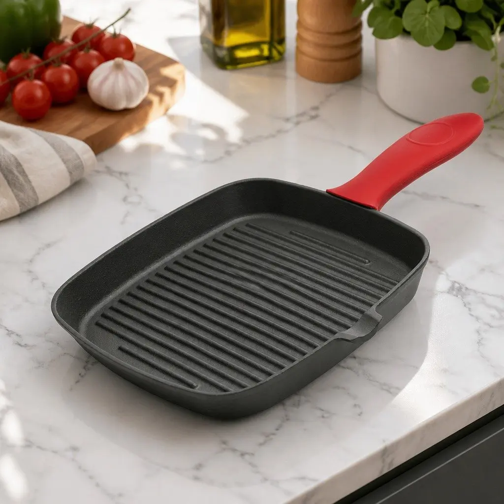 Cast Iron Square Grill Pan Heavy Duty Pre-seasoned 23.5cm Black